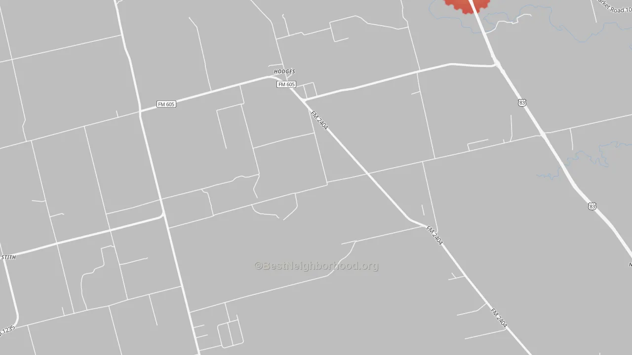 Walk Grade map of Hodges, TX, walkable areas in green and car-dependent areas in red