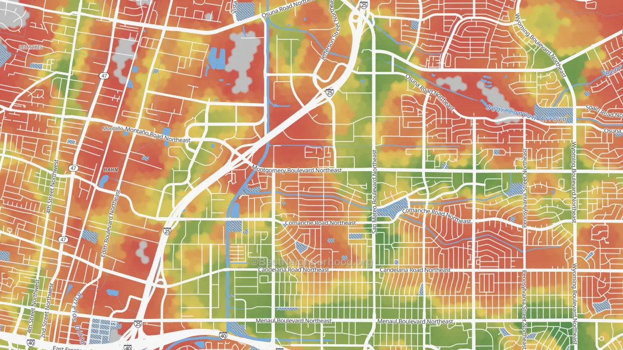 Walk Grade map of Hodgin, Albuquerque, NM, walkable areas in green and car-dependent areas in red