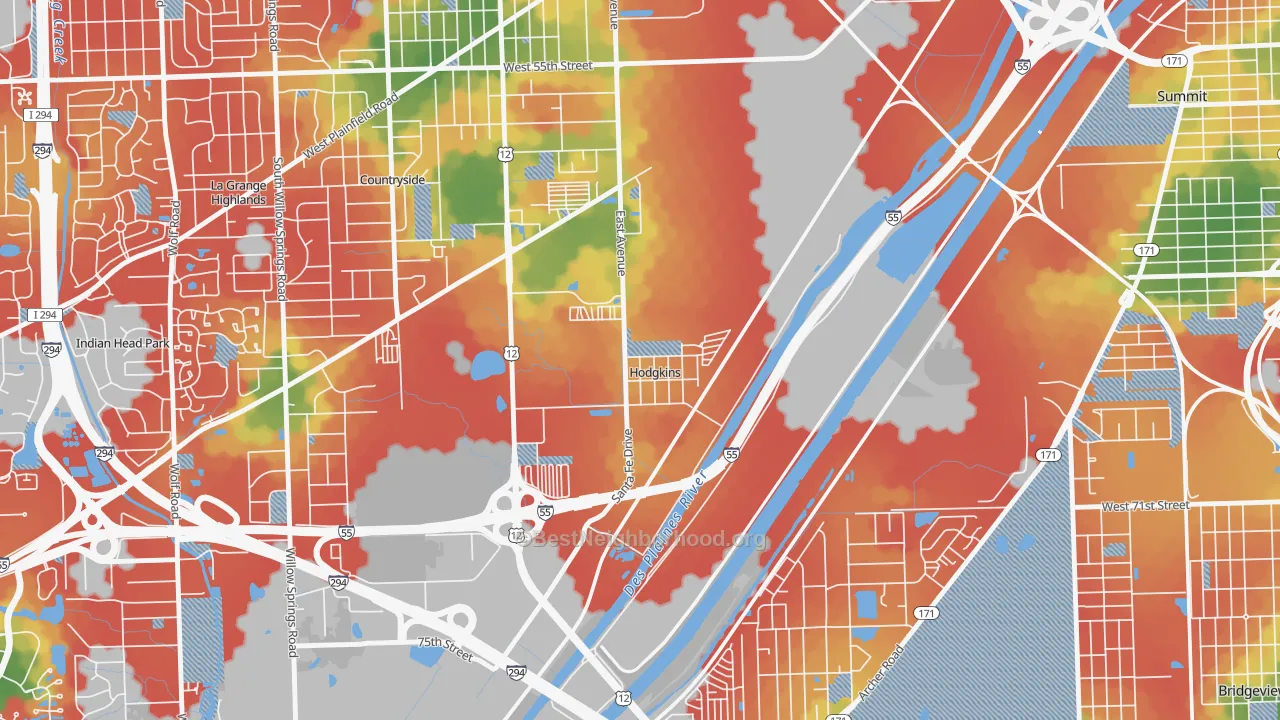 Walk Grade map of Hodgkins, IL, walkable areas in green and car-dependent areas in red