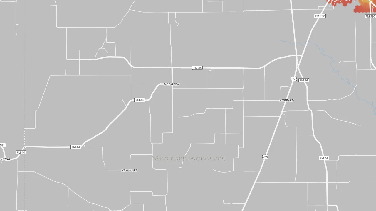 Walk Grade map of Hodgson, TX, walkable areas in green and car-dependent areas in red