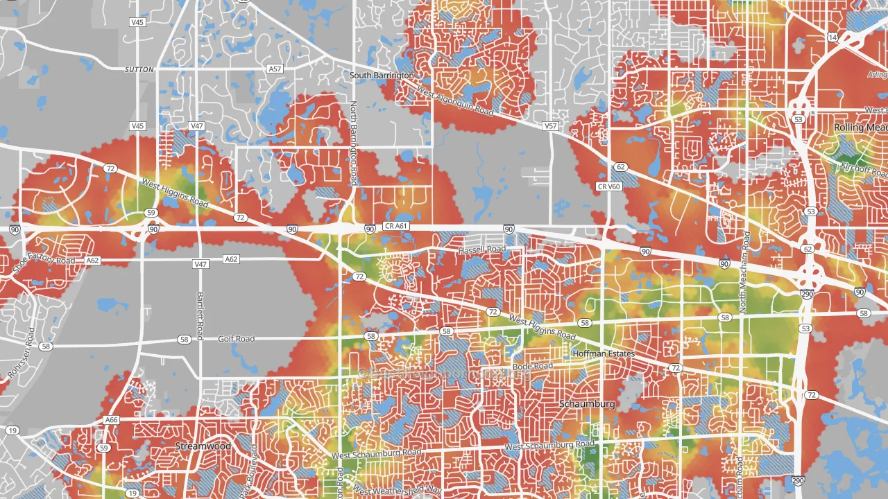 Walk Grade map of Hoffman Estates, IL, walkable areas in green and car-dependent areas in red