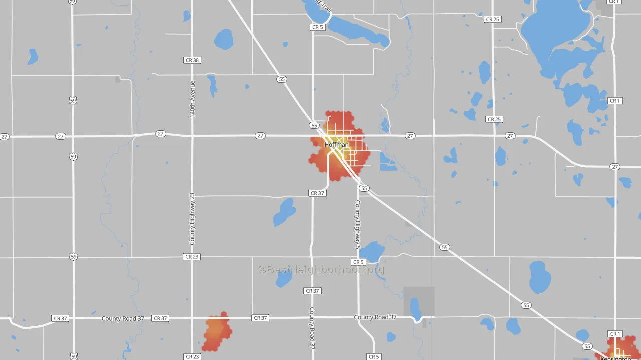 Walk Grade map of Hoffman, MN, walkable areas in green and car-dependent areas in red