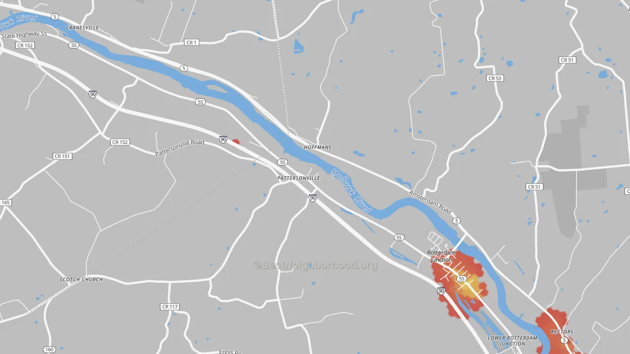 Walk Grade map of Hoffmans, NY, walkable areas in green and car-dependent areas in red