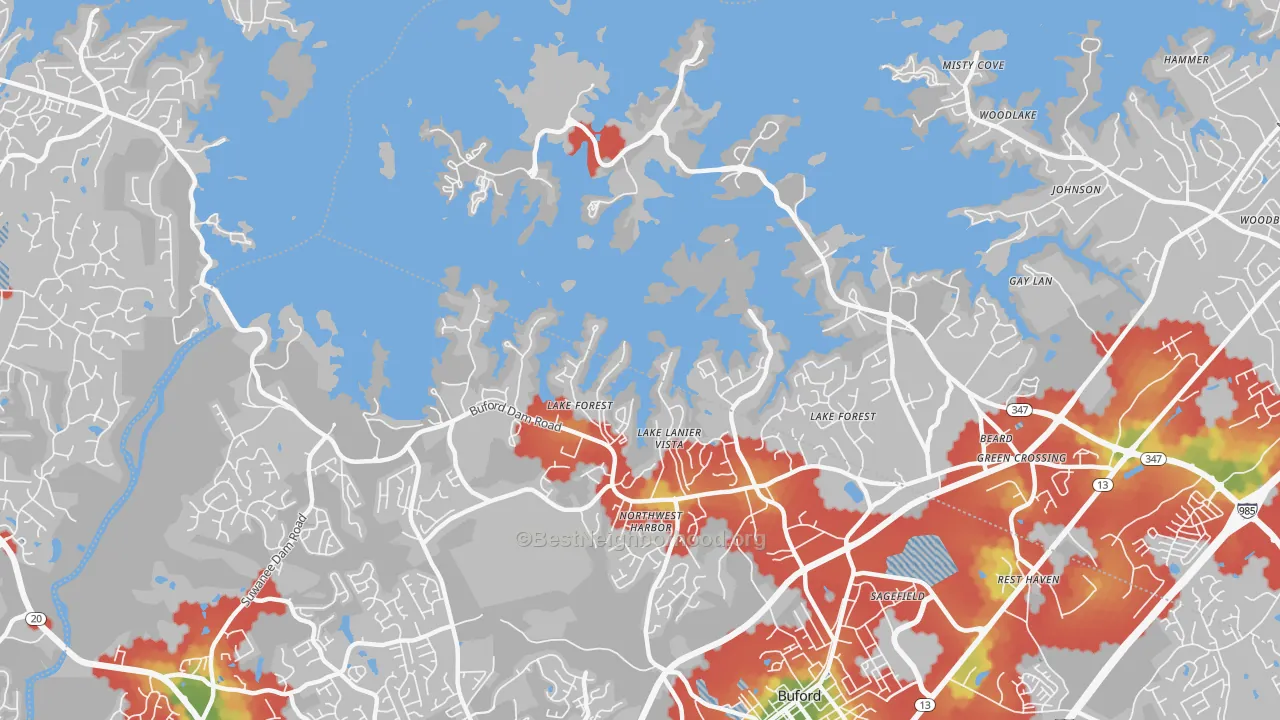 Walk Grade map of Hog Mountain, GA, walkable areas in green and car-dependent areas in red
