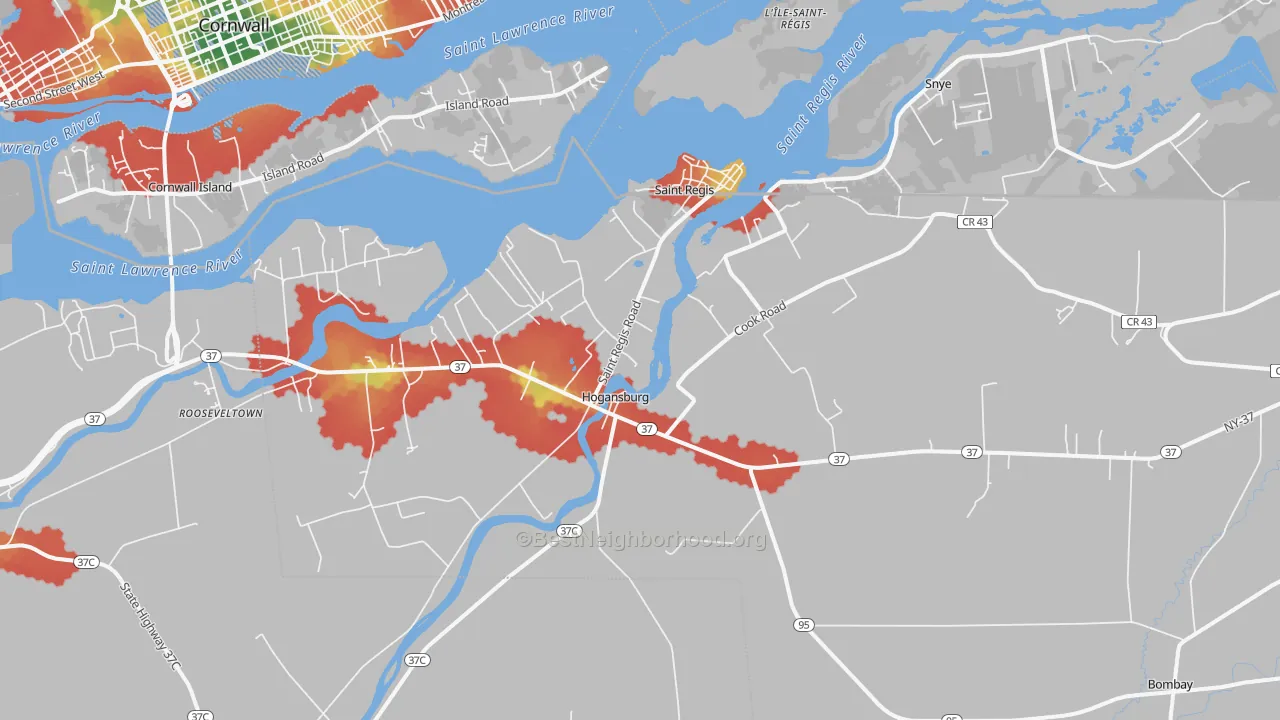 Walk Grade map of Hogansburg, NY, walkable areas in green and car-dependent areas in red