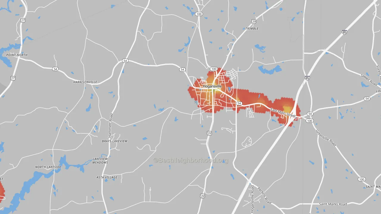 Walk Grade map of Hogansville, GA, walkable areas in green and car-dependent areas in red