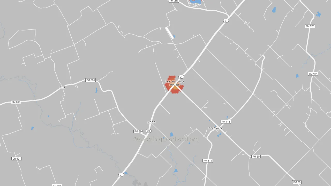 Walk Grade map of Hogg, TX, walkable areas in green and car-dependent areas in red
