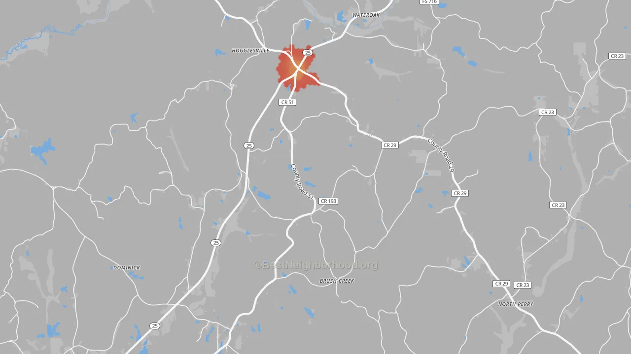 Walk Grade map of Hogglesville, AL, walkable areas in green and car-dependent areas in red