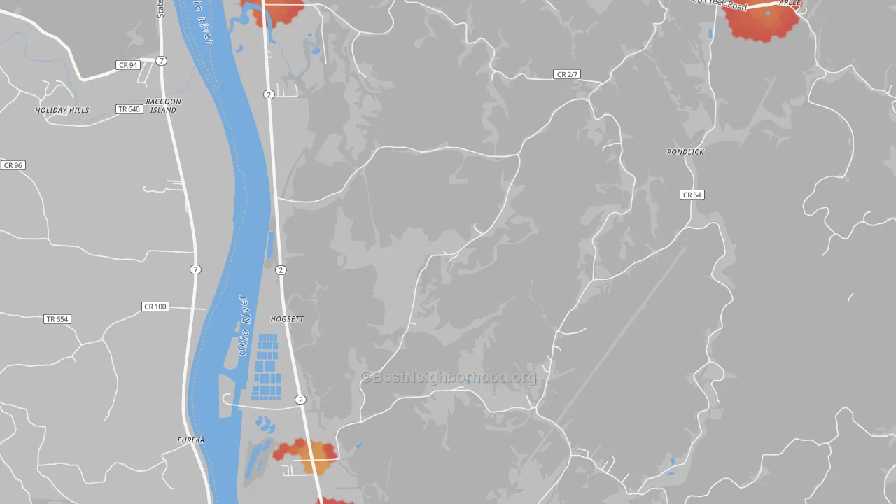 Walk Grade map of Hogsett, WV, walkable areas in green and car-dependent areas in red