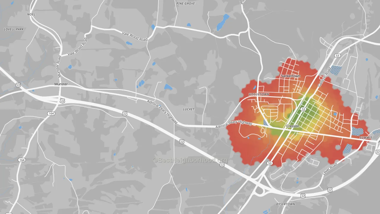 Walk Grade map of Hoguetown, PA, walkable areas in green and car-dependent areas in red