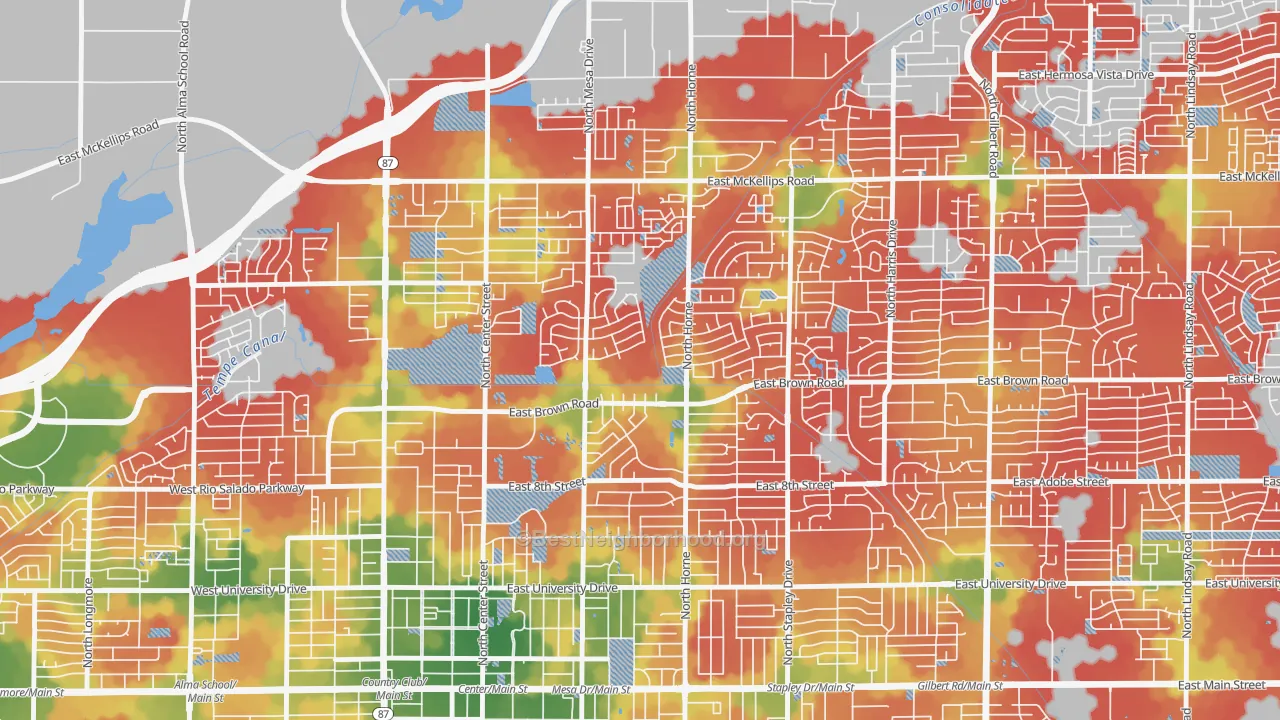 Walk Grade map of Hohokam Village, Mesa, AZ, walkable areas in green and car-dependent areas in red