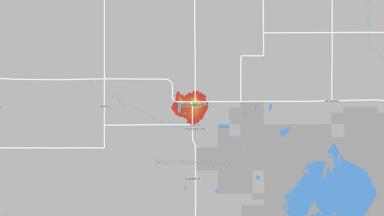 Walk Grade map of Hoisington, KS, walkable areas in green and car-dependent areas in red