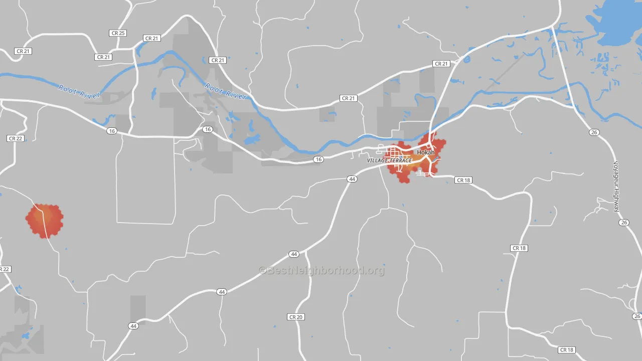 Walk Grade map of Hokah, MN, walkable areas in green and car-dependent areas in red