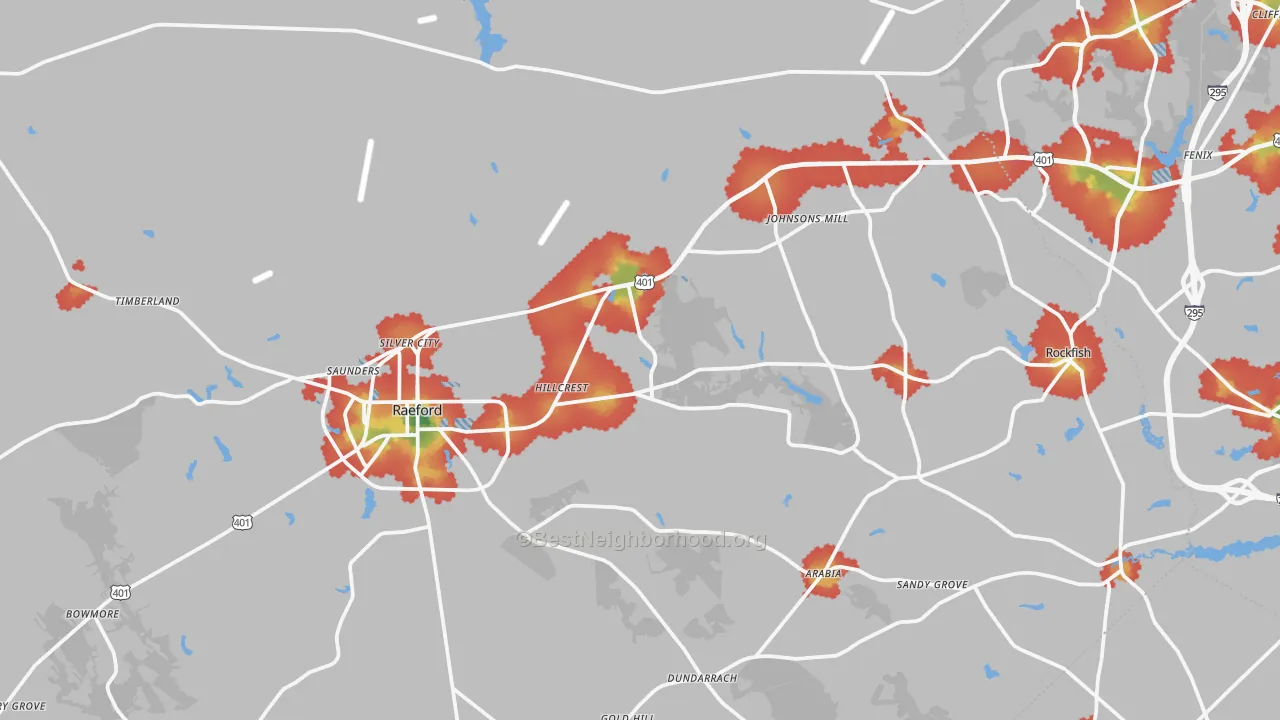 Walk Grade map of Hoke County, NC, walkable areas in green and car-dependent areas in red
