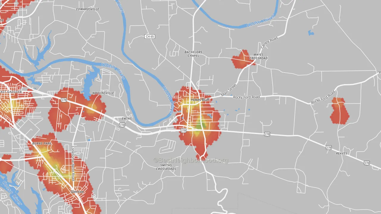 Walk Grade map of Hokes Bluff, AL, walkable areas in green and car-dependent areas in red