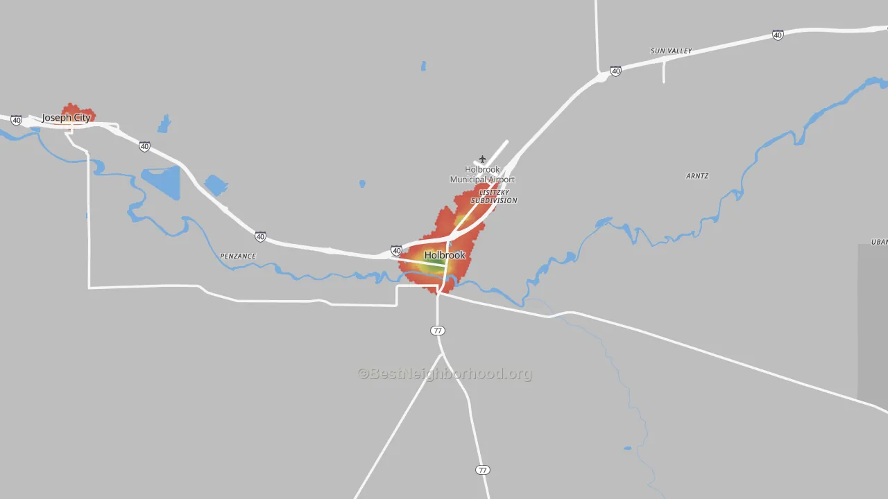Walk Grade map of Holbrook, AZ, walkable areas in green and car-dependent areas in red