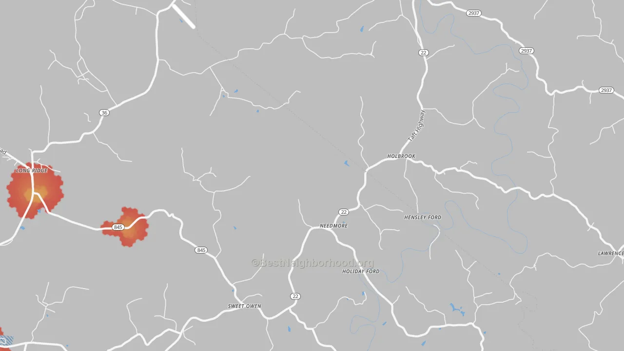 Walk Grade map of Holbrook, KY, walkable areas in green and car-dependent areas in red