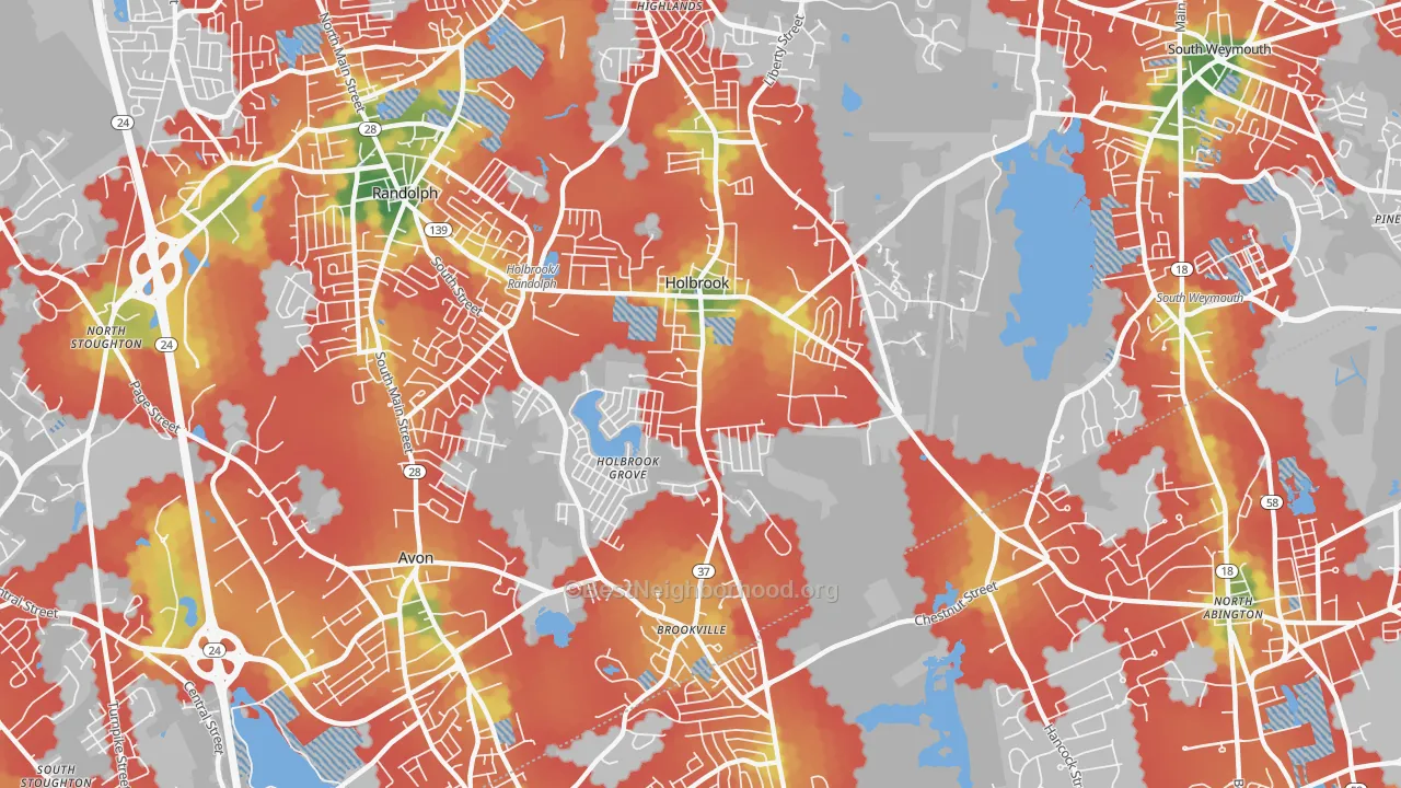 Walk Grade map of Holbrook, MA, walkable areas in green and car-dependent areas in red
