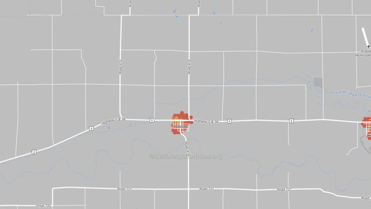 Walk Grade map of Holbrook, NE, walkable areas in green and car-dependent areas in red