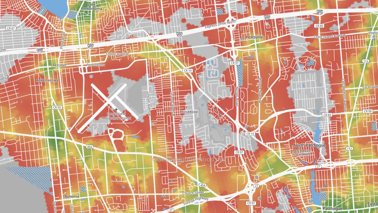 Walk Grade map of Holbrook, NY, walkable areas in green and car-dependent areas in red