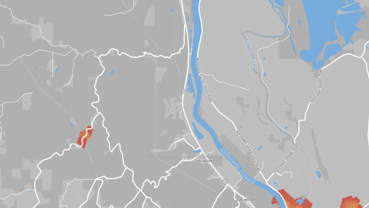 Walk Grade map of Holbrook, OR, walkable areas in green and car-dependent areas in red