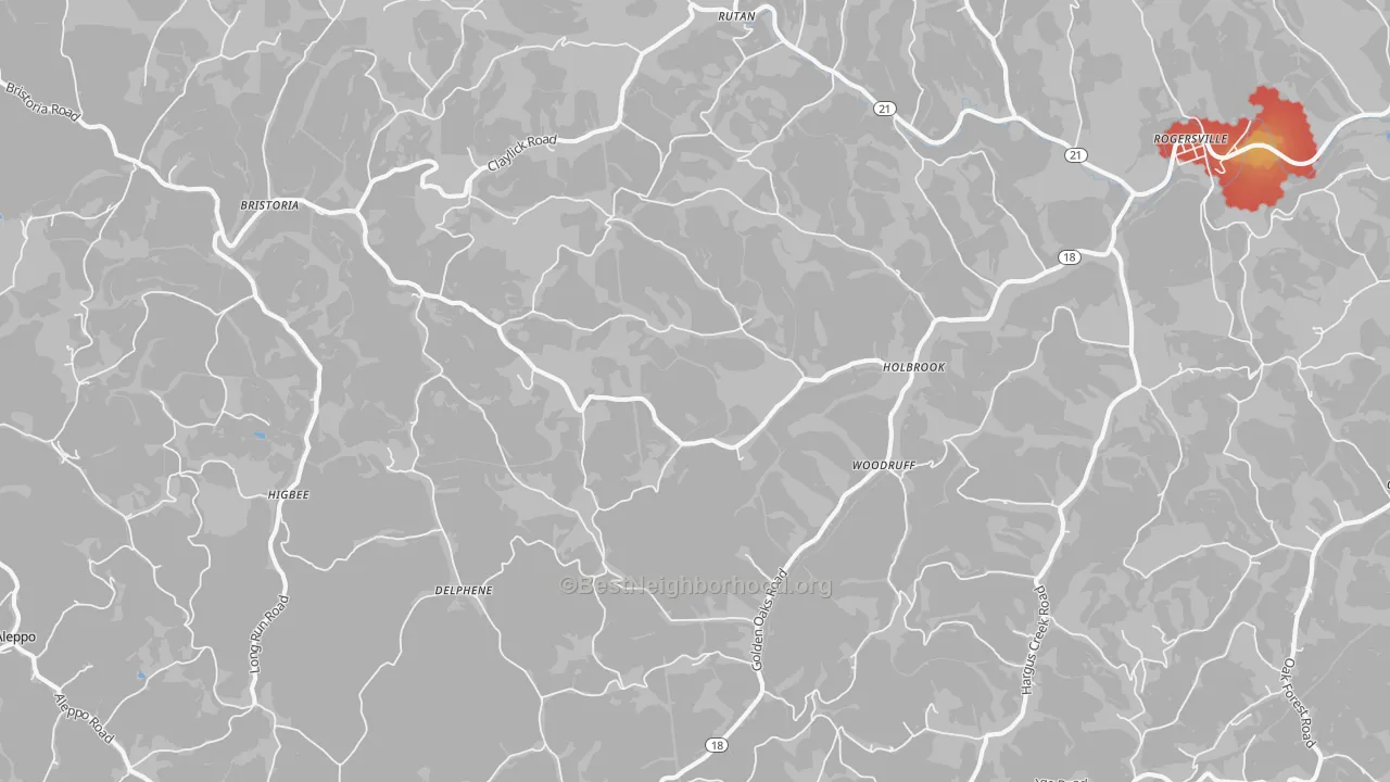 Walk Grade map of Holbrook, PA, walkable areas in green and car-dependent areas in red