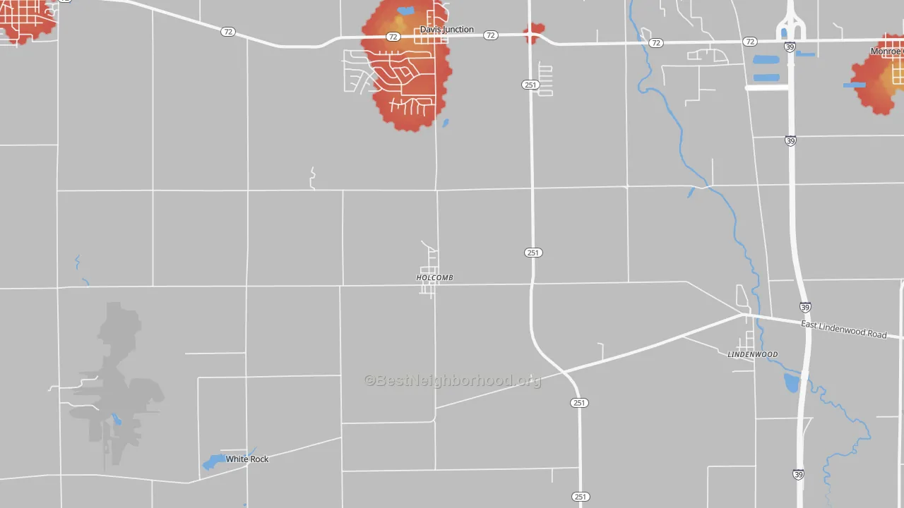 Walk Grade map of Holcomb, IL, walkable areas in green and car-dependent areas in red