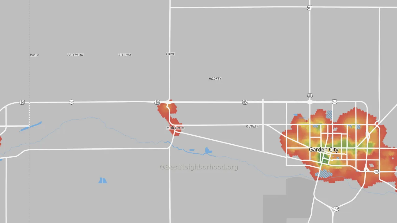 Walk Grade map of Holcomb, KS, walkable areas in green and car-dependent areas in red