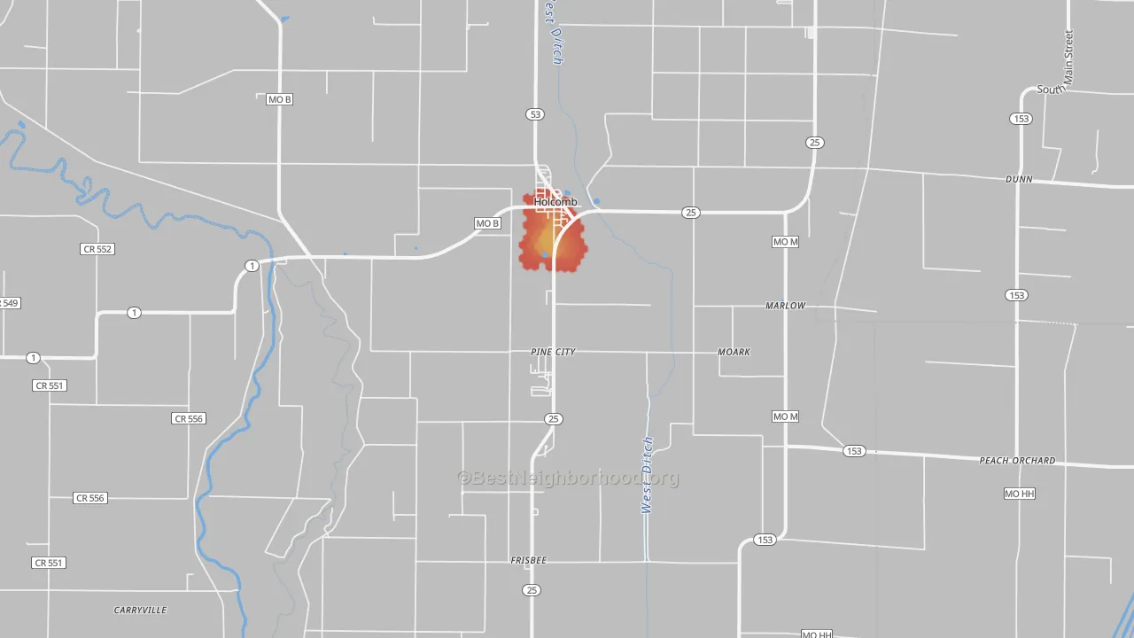 Walk Grade map of Holcomb, MO, walkable areas in green and car-dependent areas in red
