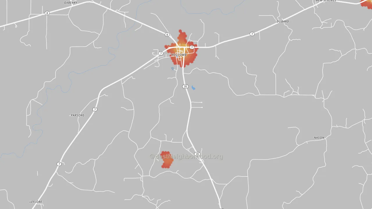 Walk Grade map of Holcomb, MS, walkable areas in green and car-dependent areas in red