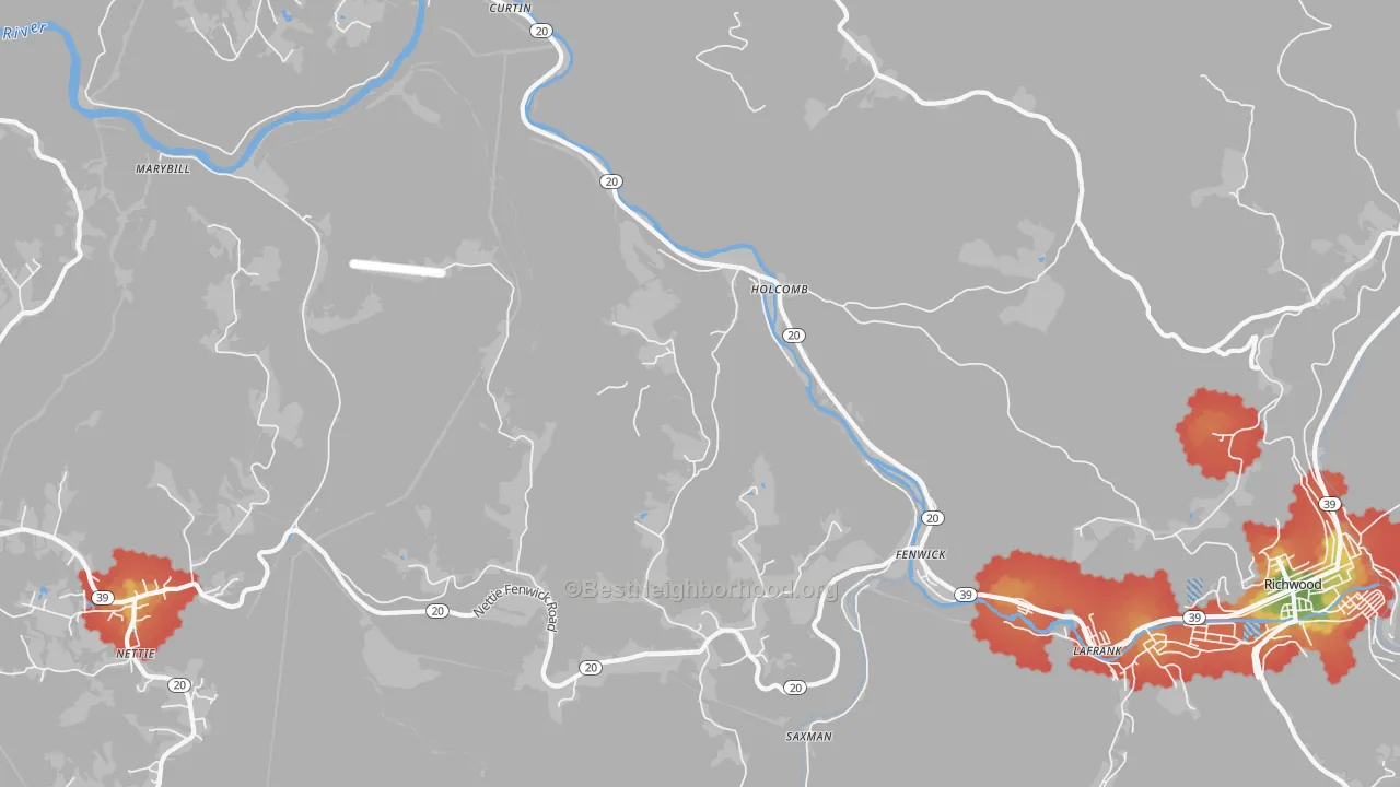 Walk Grade map of Holcomb, WV, walkable areas in green and car-dependent areas in red