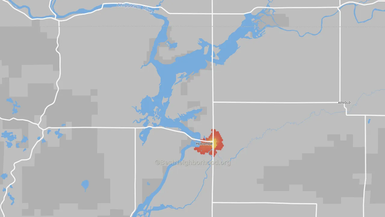 Walk Grade map of Holcombe, WI, walkable areas in green and car-dependent areas in red