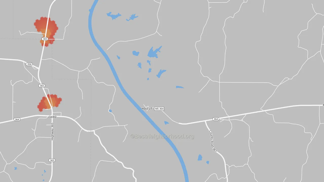 Walk Grade map of Holcut, MS, walkable areas in green and car-dependent areas in red