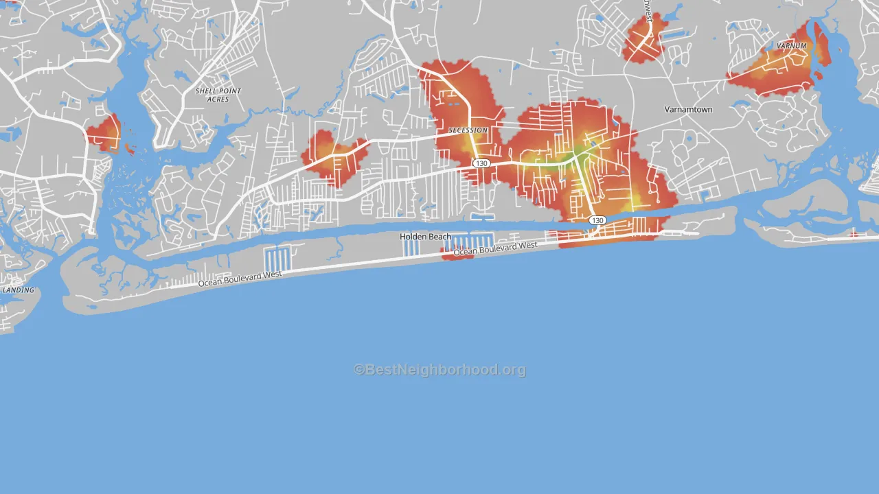 Walk Grade map of Holden Beach, NC, walkable areas in green and car-dependent areas in red