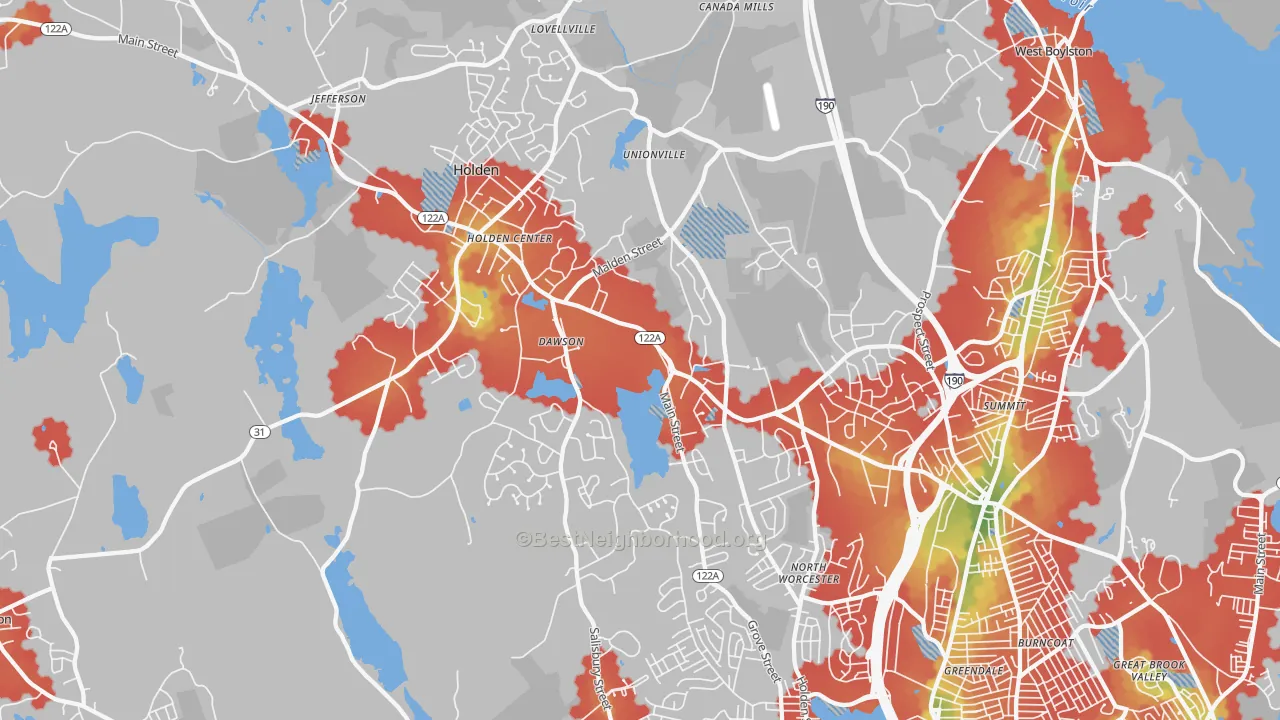 Walk Grade map of Holden, MA, walkable areas in green and car-dependent areas in red
