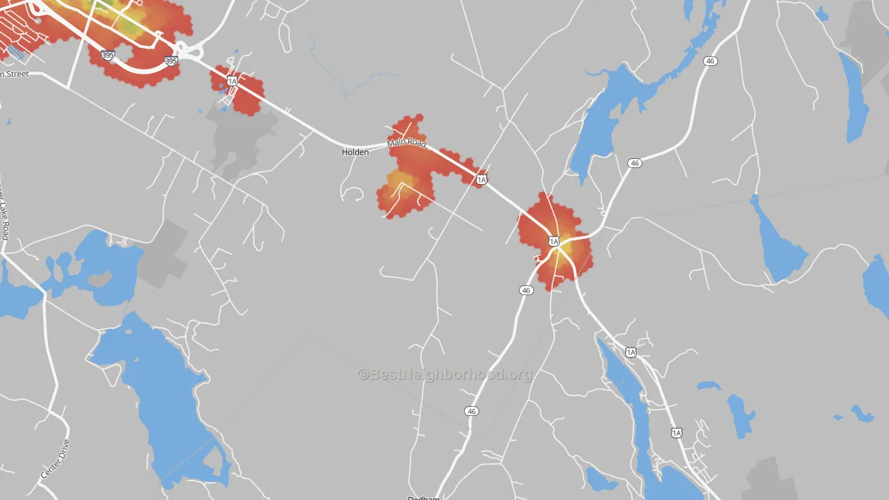 Walk Grade map of Holden, ME, walkable areas in green and car-dependent areas in red