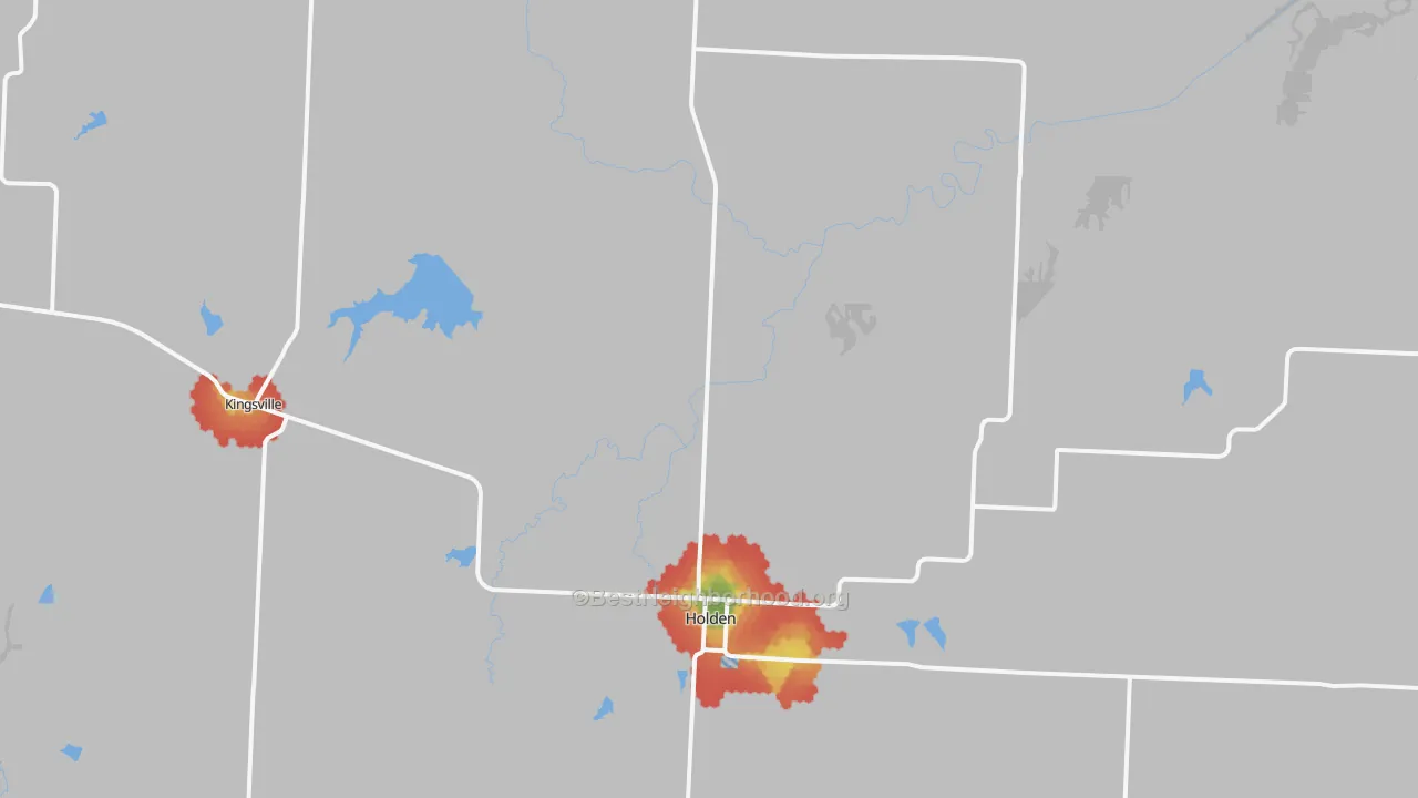 Walk Grade map of Holden, MO, walkable areas in green and car-dependent areas in red