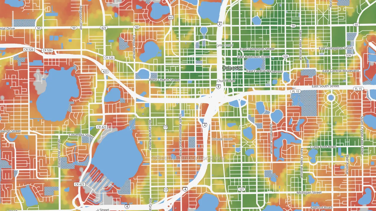 Walk Grade map of Holden-Parramore, Orlando, FL, walkable areas in green and car-dependent areas in red