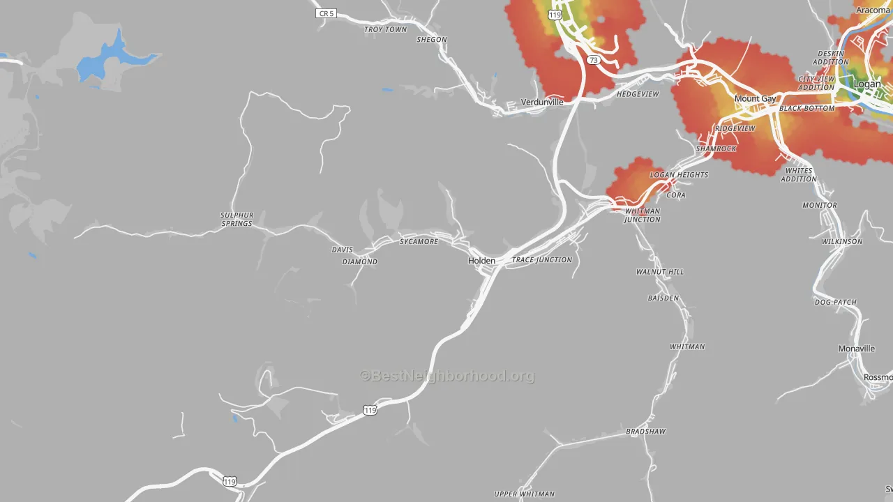 Walk Grade map of Holden, WV, walkable areas in green and car-dependent areas in red