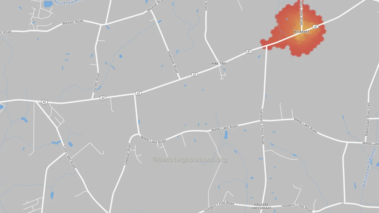 Walk Grade map of Holdens Crossroads, NC, walkable areas in green and car-dependent areas in red