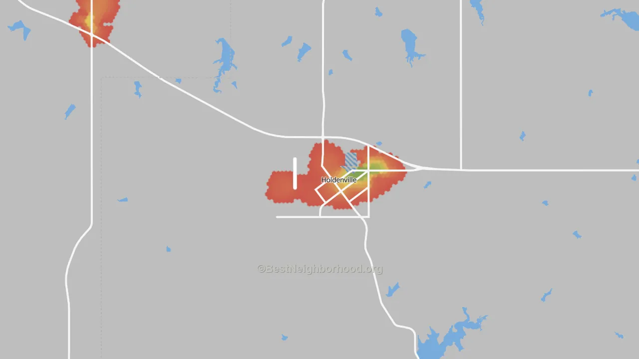 Walk Grade map of Holdenville, OK, walkable areas in green and car-dependent areas in red