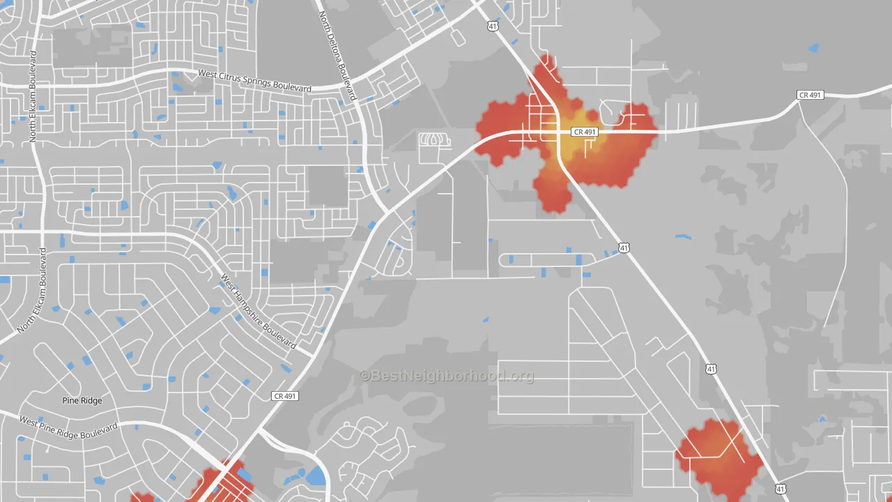 Walk Grade map of Holder, FL, walkable areas in green and car-dependent areas in red