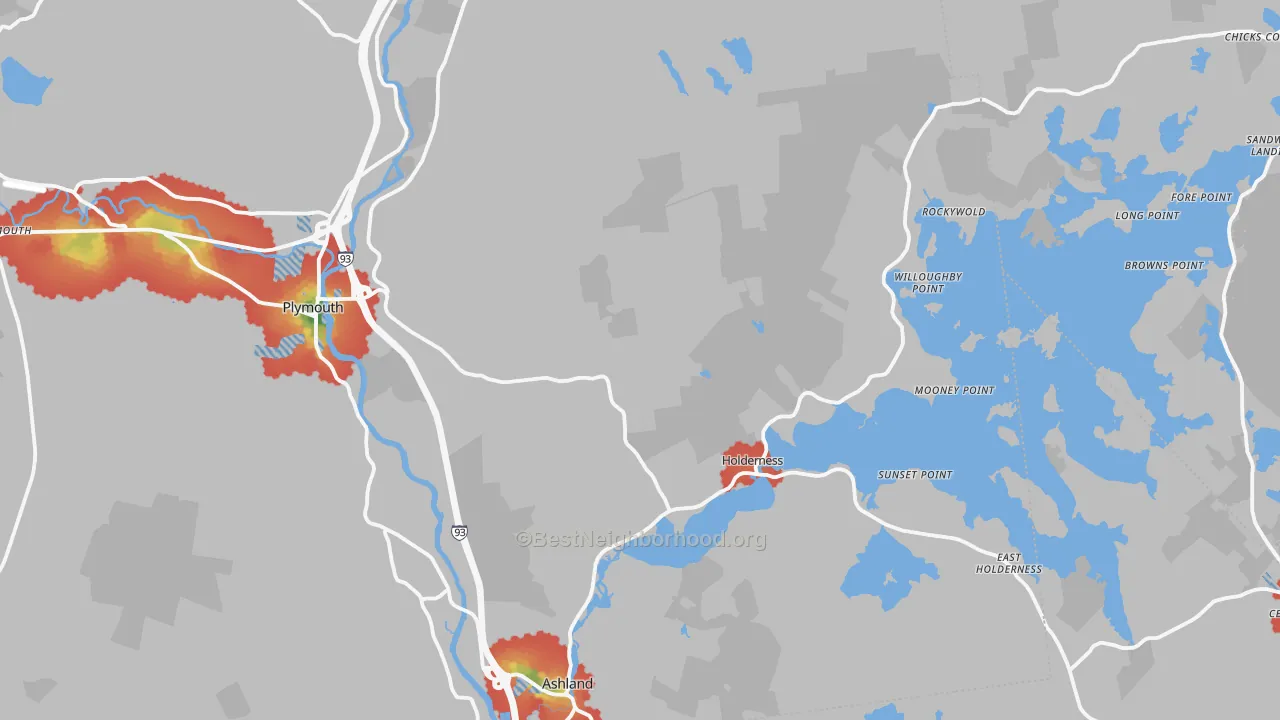 Walk Grade map of Holderness, NH, walkable areas in green and car-dependent areas in red