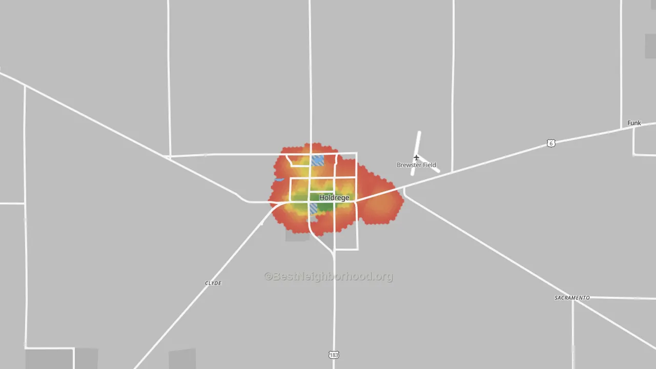 Walk Grade map of Holdrege, NE, walkable areas in green and car-dependent areas in red