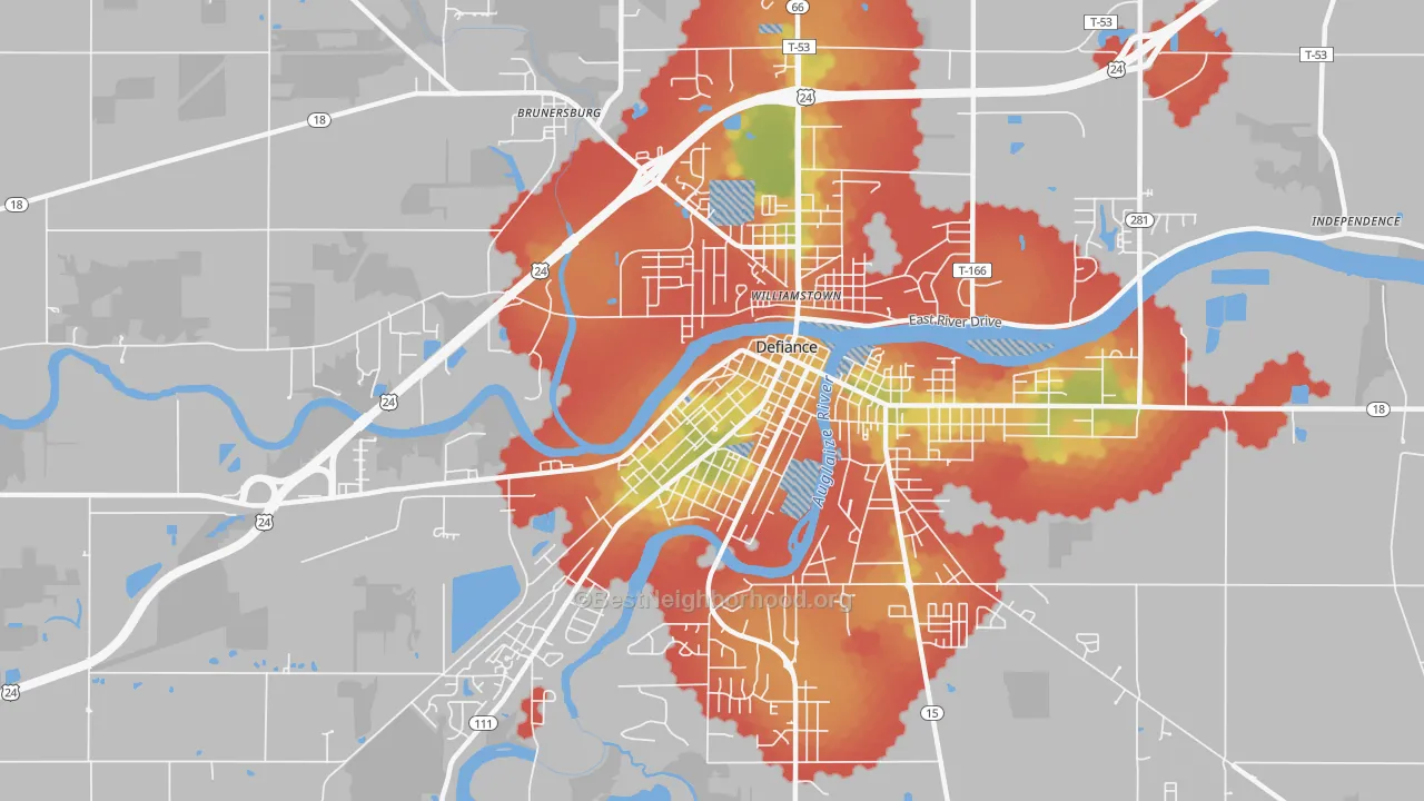 Walk Grade map of Holgate Avenue Historic District, Defiance, OH, walkable areas in green and car-dependent areas in red