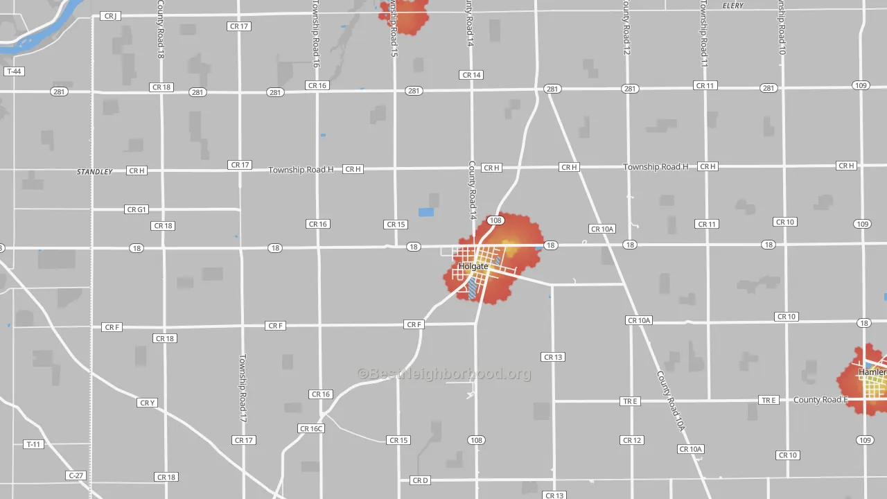 Walk Grade map of Holgate, OH, walkable areas in green and car-dependent areas in red