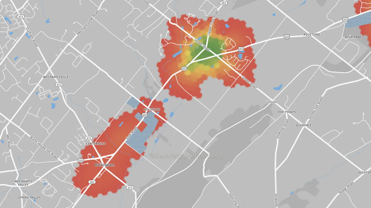 Walk Grade map of Holicong, PA, walkable areas in green and car-dependent areas in red
