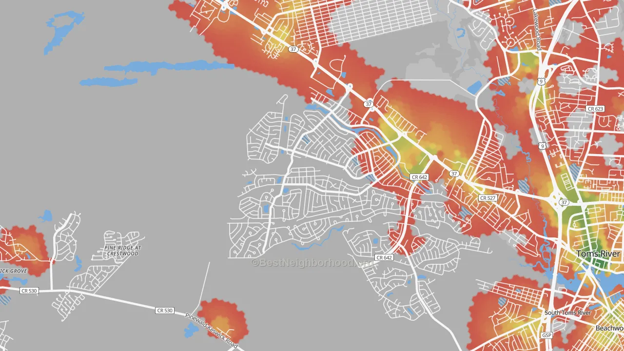 Walk Grade map of Holiday City-Berkeley, NJ, walkable areas in green and car-dependent areas in red