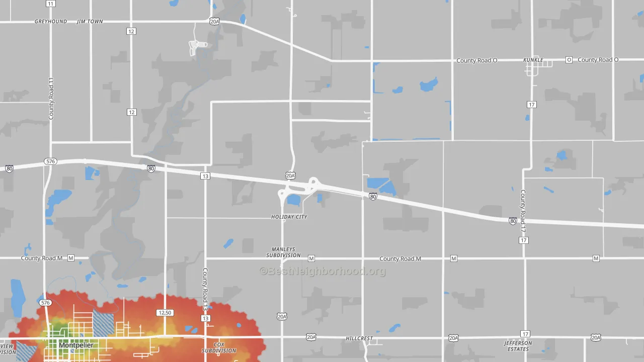 Walk Grade map of Holiday City, OH, walkable areas in green and car-dependent areas in red