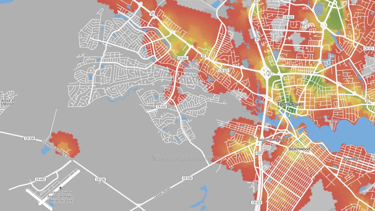 Walk Grade map of Holiday City South, NJ, walkable areas in green and car-dependent areas in red